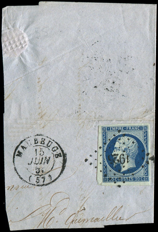 EMPIRE NON DENTELE -  14Ad 20c. Bleu Sur Vert, T I, Obl. PC 1925 Sur Fragt, Càd MAUBEUGE 15/6/55, TTB - 1853-1860 Napoléon III