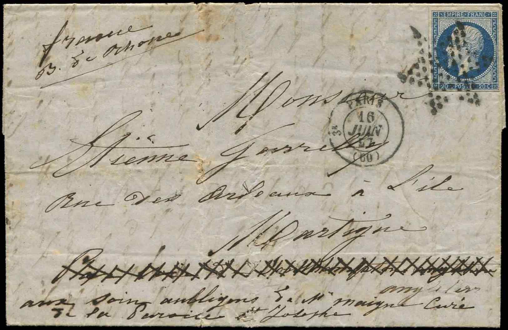 Let EMPIRE NON DENTELE - Let  14A  20c. Bleu, T I, Obl. Etoile S. LAC De St JOSE (Costa Rica), 1/4/57, Long Texte Très I - 1853-1860 Napoléon III