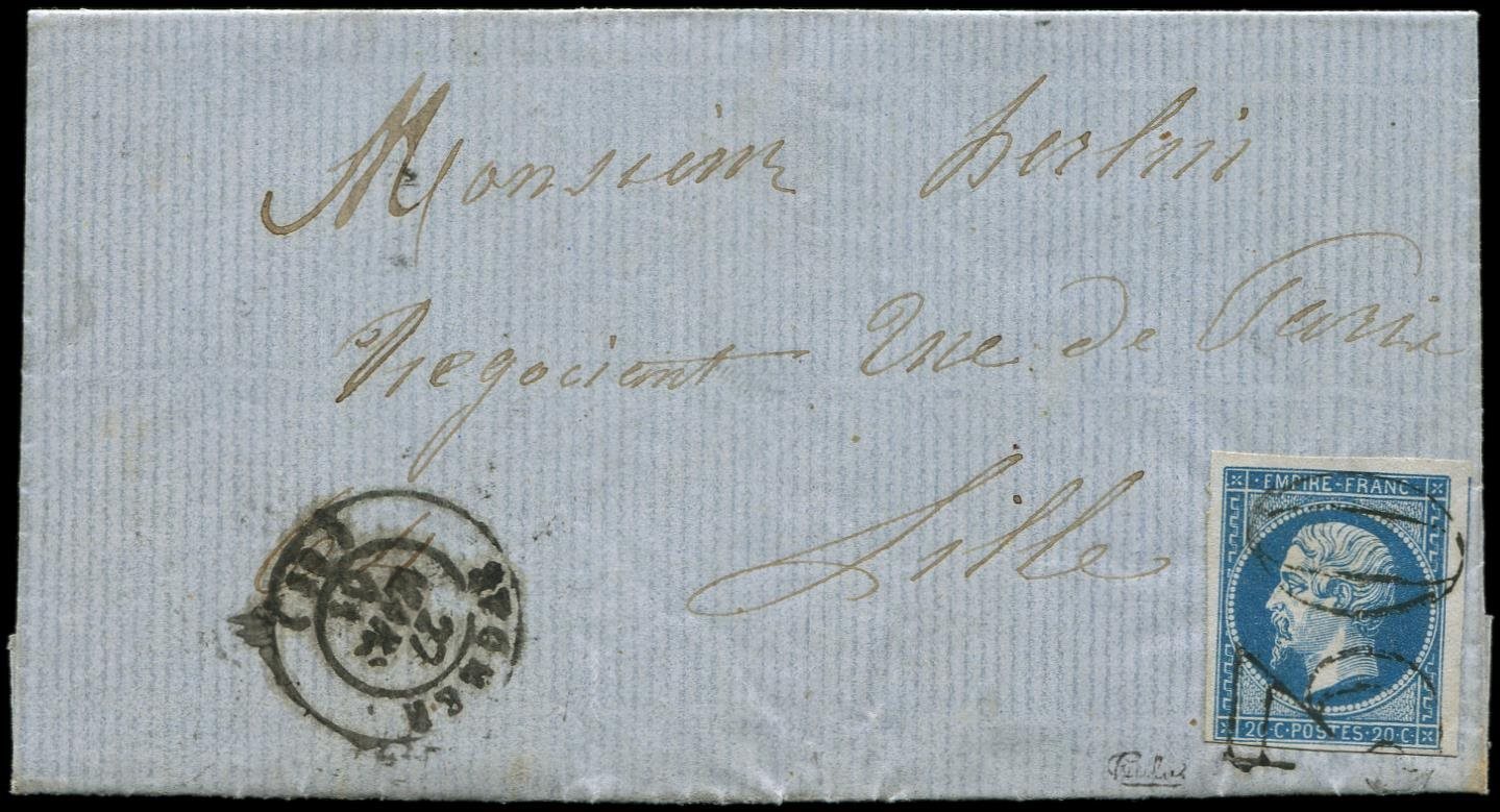 Let EMPIRE NON DENTELE - Let  14A  20c. Bleu Obl. Taxe 30 DOUBLE TRAIT S. LAC, Càd T15 St OMER 27/3/61, Obl. RR Sur Le T - 1853-1860 Napoléon III