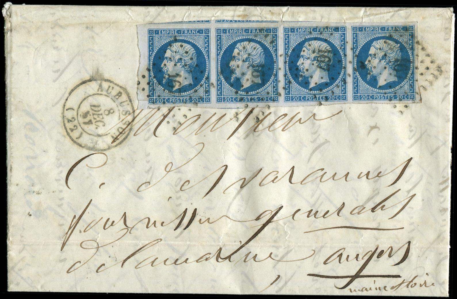 Let EMPIRE NON DENTELE - Let  14A  20c. Bleu, T I, BANDE De 4 Obl. PC 167 S. LAC, Càd T15 AUBUSSON 8/12/57, TTB - 1853-1860 Napoléon III