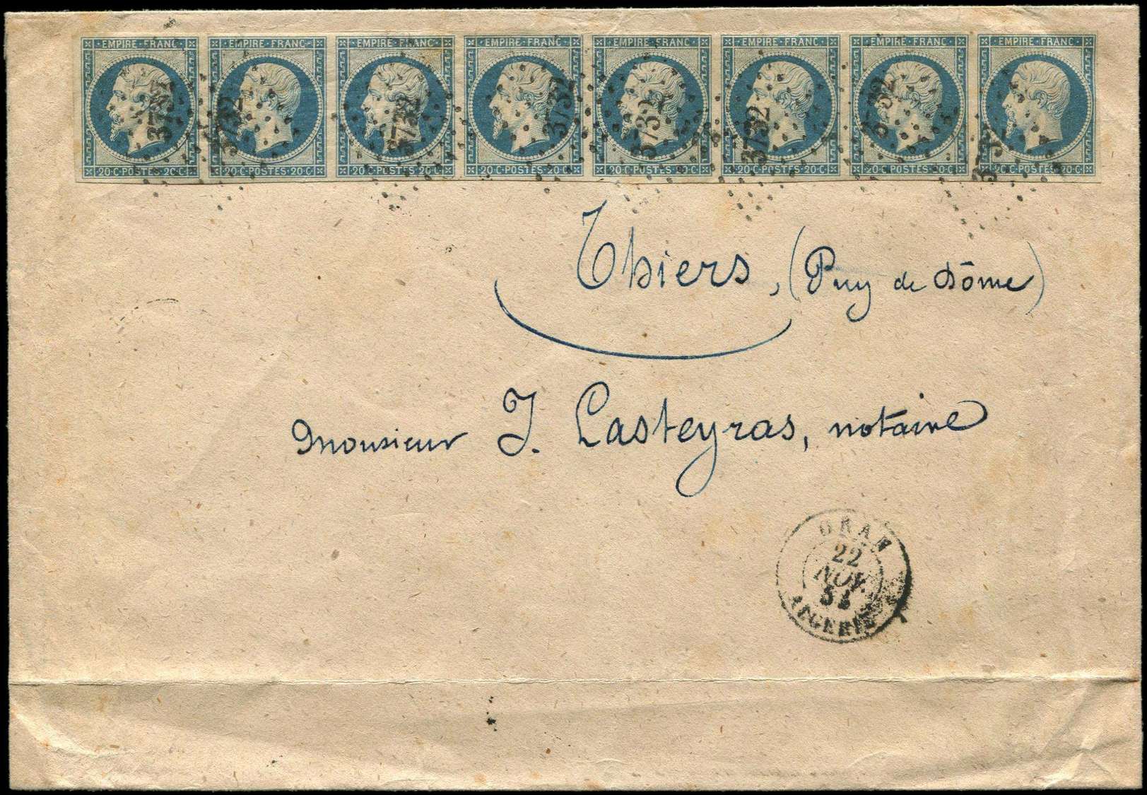 Let EMPIRE NON DENTELE - Let  14A  20c. Bleu, T I BANDE De 8 Obl. PC 3732 S. Env., Càd ORAN 22/11/54, Superbe - 1853-1860 Napoléon III