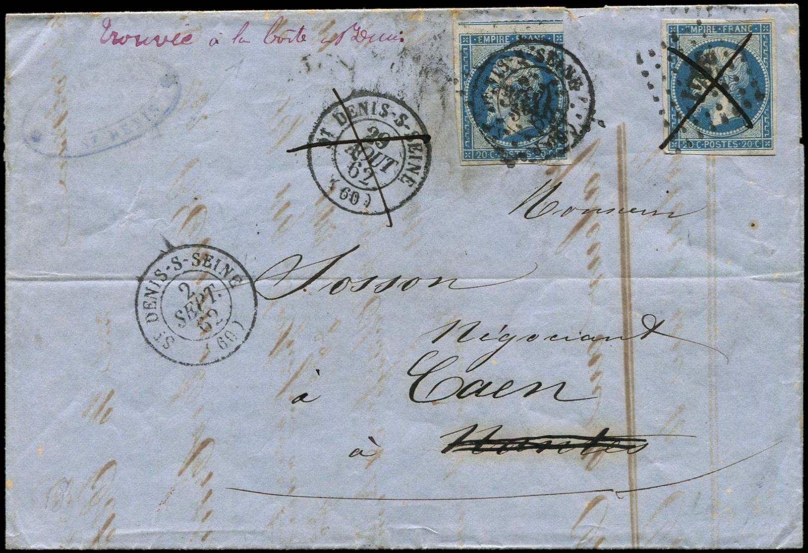 Let EMPIRE NON DENTELE - Let  14A  20c. Bleu, T I, 2 Ex., L'un Obl. PC 3041 + Càd T15 (touché), L'autre Obl. PC 3041 Ann - 1853-1860 Napoléon III