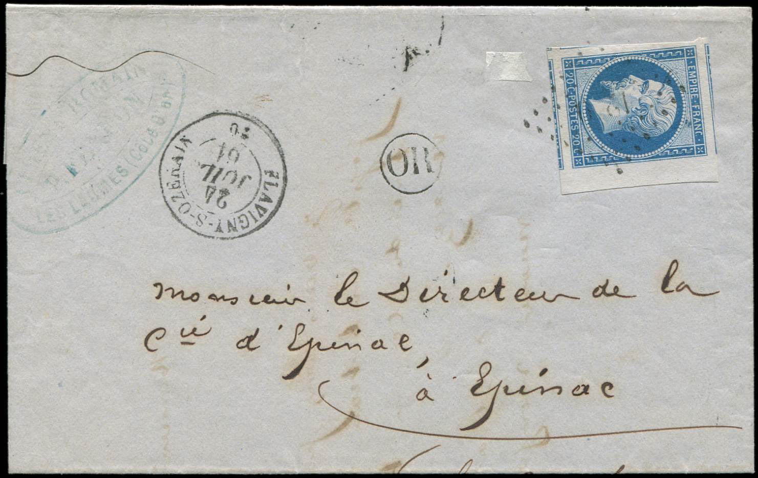 Let EMPIRE NON DENTELE - Let  14B  20c. Bleu, T II, Bdf Et Marges énormes (4 Voisins), Obl. PC 1279 S. LAC, Càd T15 FLAV - 1853-1860 Napoléon III