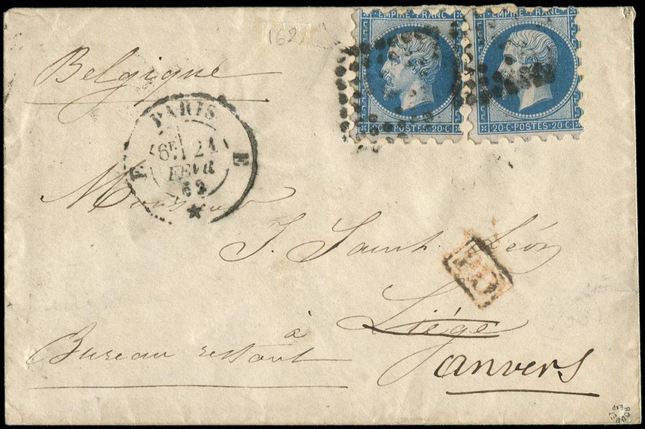 Let EMPIRE NON DENTELE - Let  14B  20c. Bleu, T II, 2 Ex. PIQUAGE SUSSE Obl. Los. E S. Env., Càd PARIS 21/2/62, Arr. ANV - 1853-1860 Napoléon III