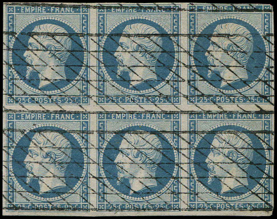 EMPIRE NON DENTELE -  15   25c. Bleu, BLOC De 6, 2 Ex. Pelurages, Un Ex. Filet Touché Dans Un Angle, Sinon TB - 1853-1860 Napoléon III