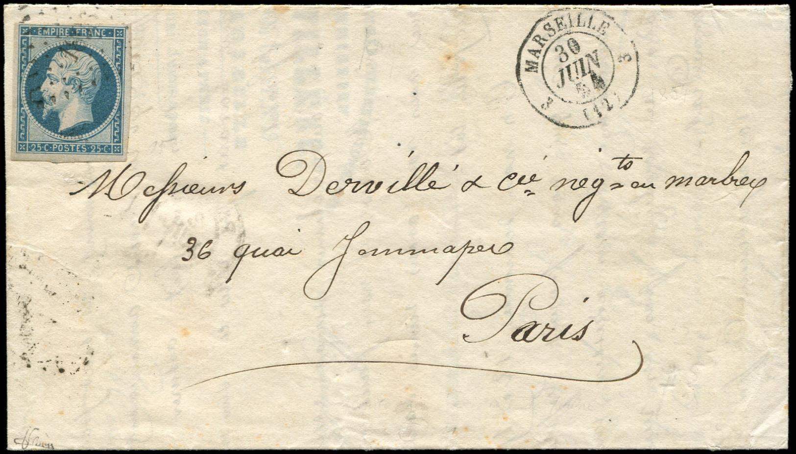 Let EMPIRE NON DENTELE - Let  15   25c. Bleu, Obl. PC 1896 S. LAC, Càd 3 MARSEILLE 3 30/6/54, DERNIER JOUR Du Tarif, TB - 1853-1860 Napoléon III