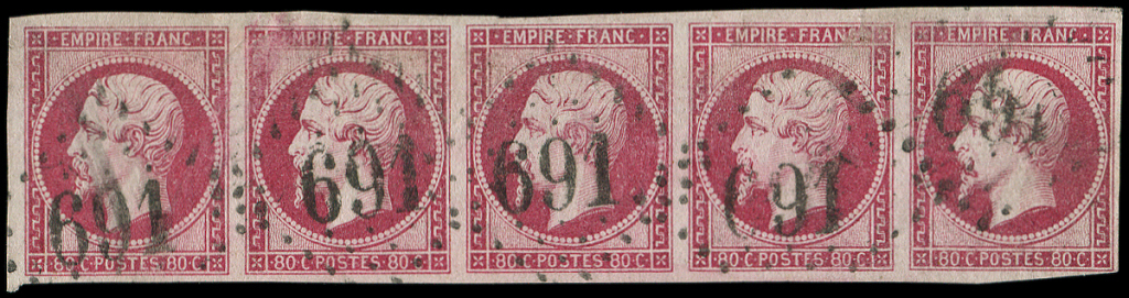 EMPIRE NON DENTELE -  17B  80c. Rose, BANDE De 5 Obl. GC 691, TB - 1853-1860 Napoléon III