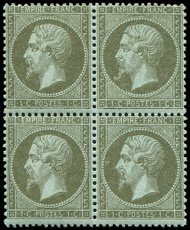 * EMPIRE DENTELE - *    19    1c. Olive, BLOC De 4, Un Ex. Présente Une Variété à La Barbe ALLONGEE, TB - 1862 Napoléon III