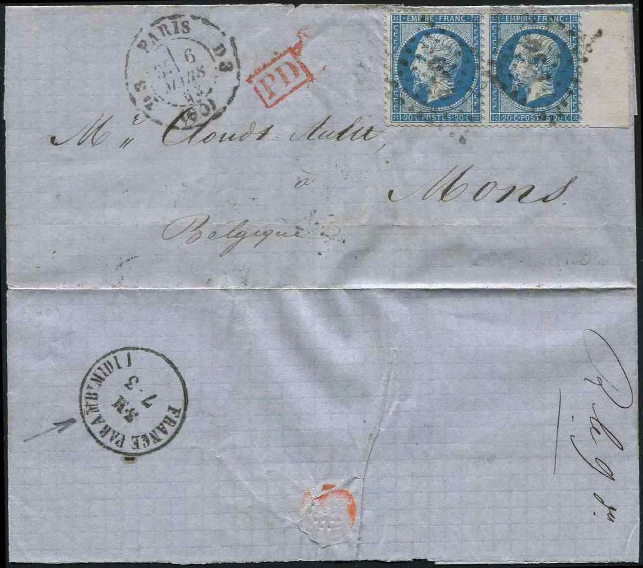 Let EMPIRE DENTELE - Let  22   20c. Bleu, PAIRE Bdf, Obl. Los. Bâton DS3 S. LAC, Càd PARIS D3 6/3/63, Arr. MONS, TB - 1862 Napoléon III