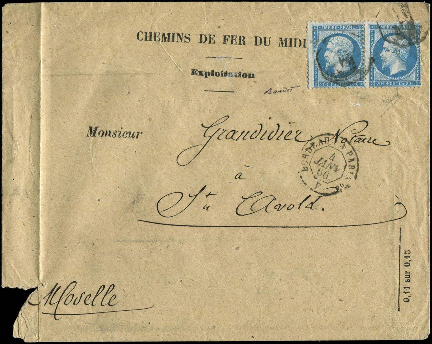 Let EMPIRE DENTELE - Let  22   20c. Bleu, PAIRE Obl. Cachet De Brigade F Sur Env., Càd BORDEAUX A PARIS/F 4/1/66, R Et T - 1862 Napoléon III