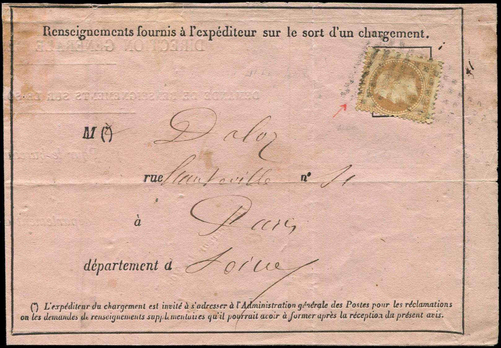 Let EMPIRE LAURE - Let  28B  10c. Bistre, R II, Obl. GROS POINTS Sur Sort De Chargement, Càd PARIS 2/3/(6-), TB - 1863-1870 Napoléon III Lauré