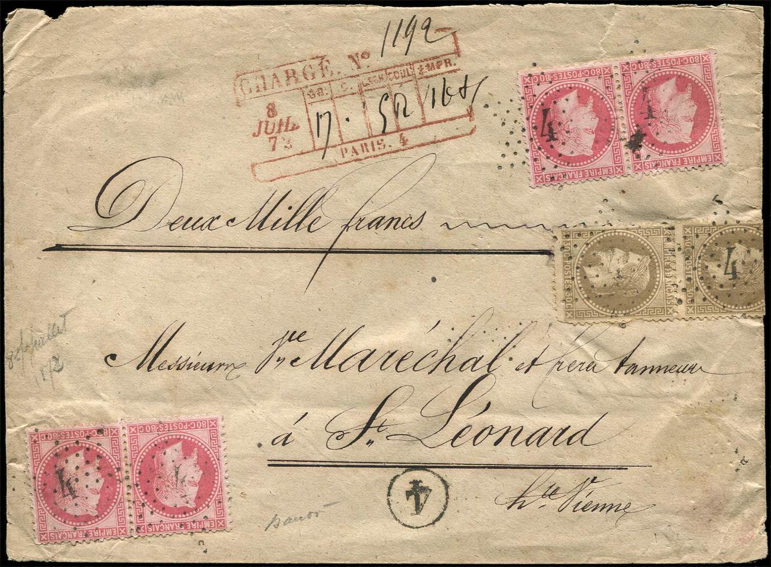 Let EMPIRE LAURE - Let  30 Et 32, 30c. Brun (2) Et 80c. Rose 2 PAIRES, Obl. Etoile 4 S. Env. CHARGE, Collecteur Au Recto - 1863-1870 Napoléon III Lauré
