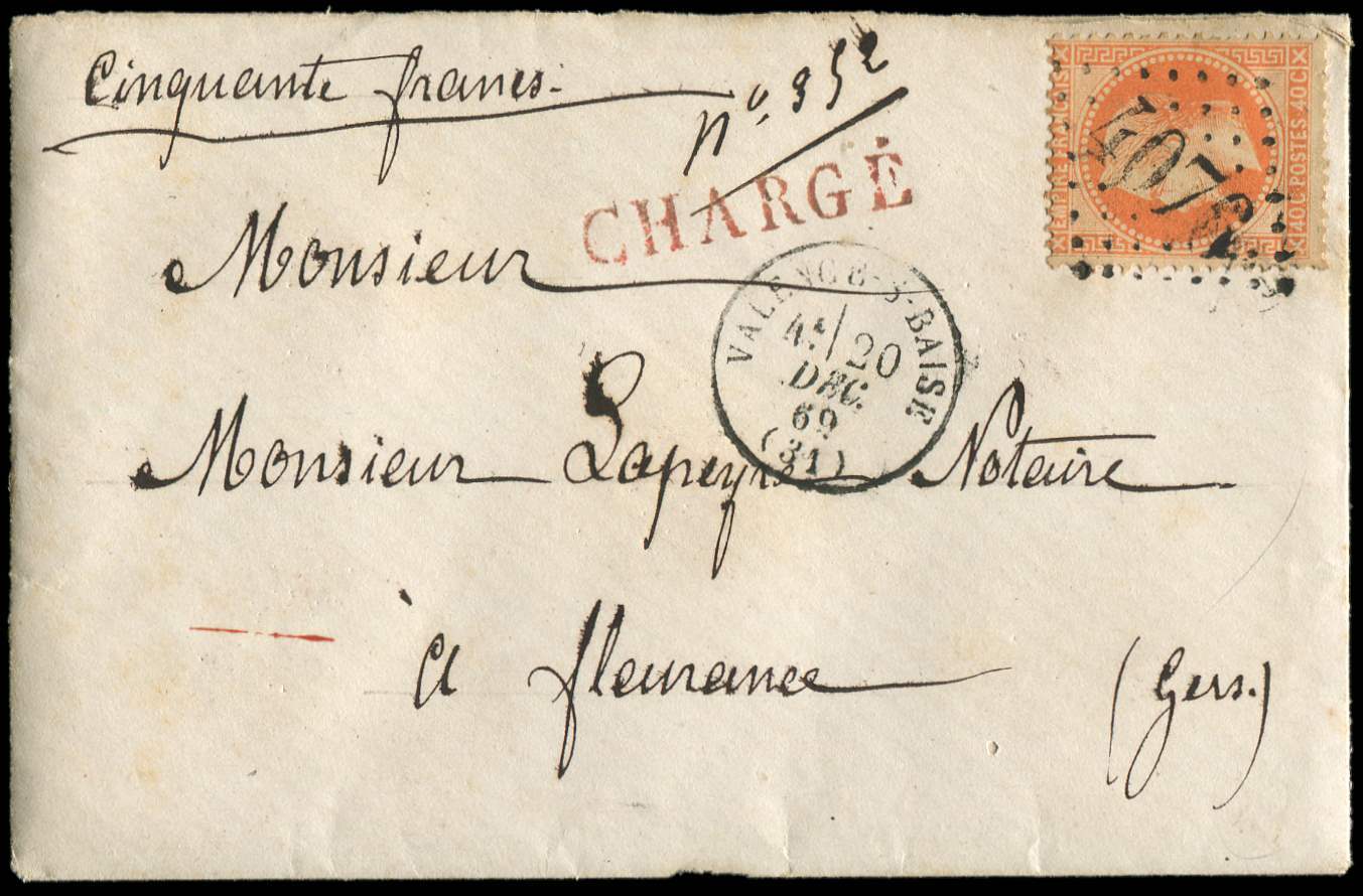 Let EMPIRE LAURE - Let  31   40c. Orange, Obl. GC 4076 S. Env. CHARGE, Càd T16 VALENCE-S-BAISE 20/12/69, TTB - 1863-1870 Napoléon III Lauré