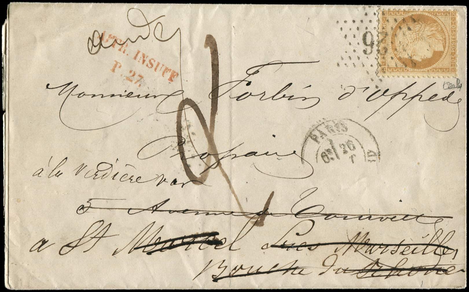 Let SIEGE DE PARIS - Let  36   10c. Bistre-jaune, Obl. Etoile 26 S. LAC, Càd (Gare Du Nord) 26/(8/71), "affrt Insuff." E - 1870 Siège De Paris