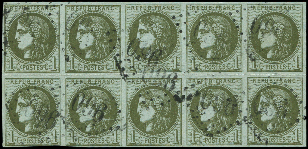 EMISSION DE BORDEAUX -  39B   1c. Olive, R II, BLOC De 10 Obl. GC 960, Pli Entre Les Timbres (percé En Lignes ?), TB/TTB - 1870 Emission De Bordeaux