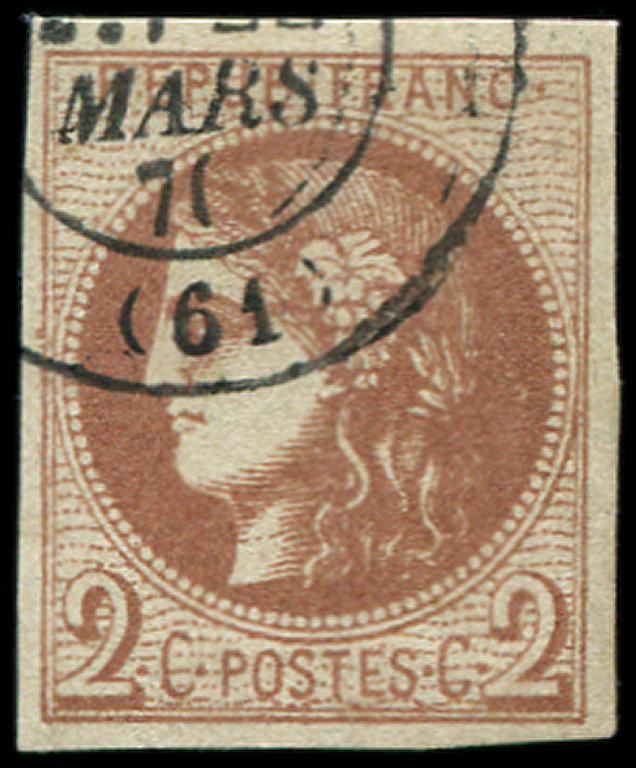EMISSION DE BORDEAUX -  40Bg  2c. CHOCOLAT, R II, Obl., TTB, Certif. Scheller - 1870 Emission De Bordeaux