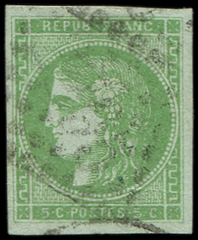 EMISSION DE BORDEAUX -  42B   5c. Vert-jaune, Nuance Pâle, R II, 2ème état, Oblitéré, TB, - 1870 Emission De Bordeaux