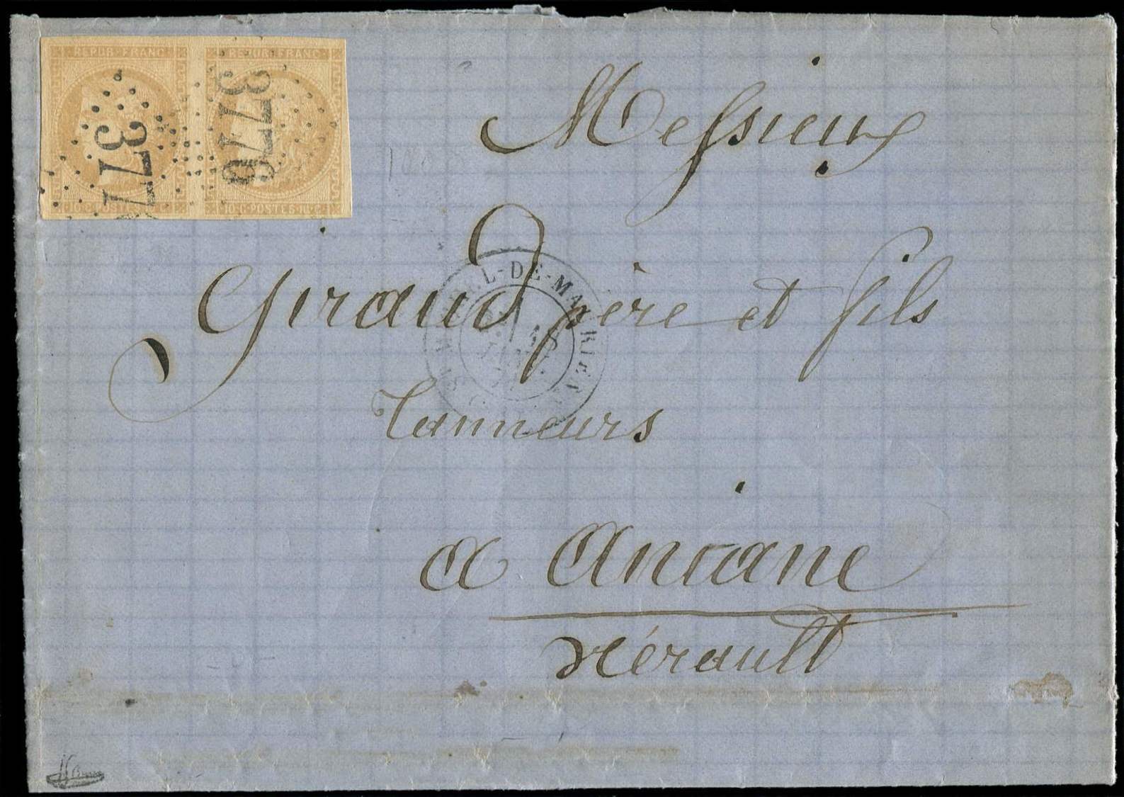 Let EMISSION DE BORDEAUX - Let  43Ab  10c. Bistre Verdâtre R I, PAIRE Obl. GC 3776 S. LAC, Càd T17 ST MICHEL De MAURIENN - 1870 Emission De Bordeaux