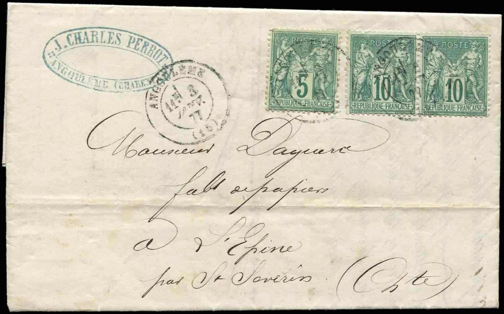 Let TYPE SAGE SUR LETTRES - Let  N°75 + 76 PAIRE Obl. Càd T17 ANGOULEME 3/1/77 S. LAC, TB - 1877-1920: Période Semi Moderne