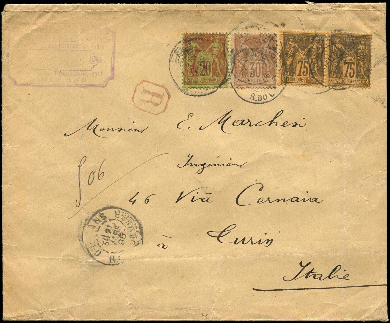 Let TYPE SAGE SUR LETTRES - Let  N°80 + 96 + 99 PAIRE Obl. ORLEANS 21/3/95 Sur Env. Rec., Arr. TURIN Le 22/3, TB - 1877-1920: Période Semi Moderne