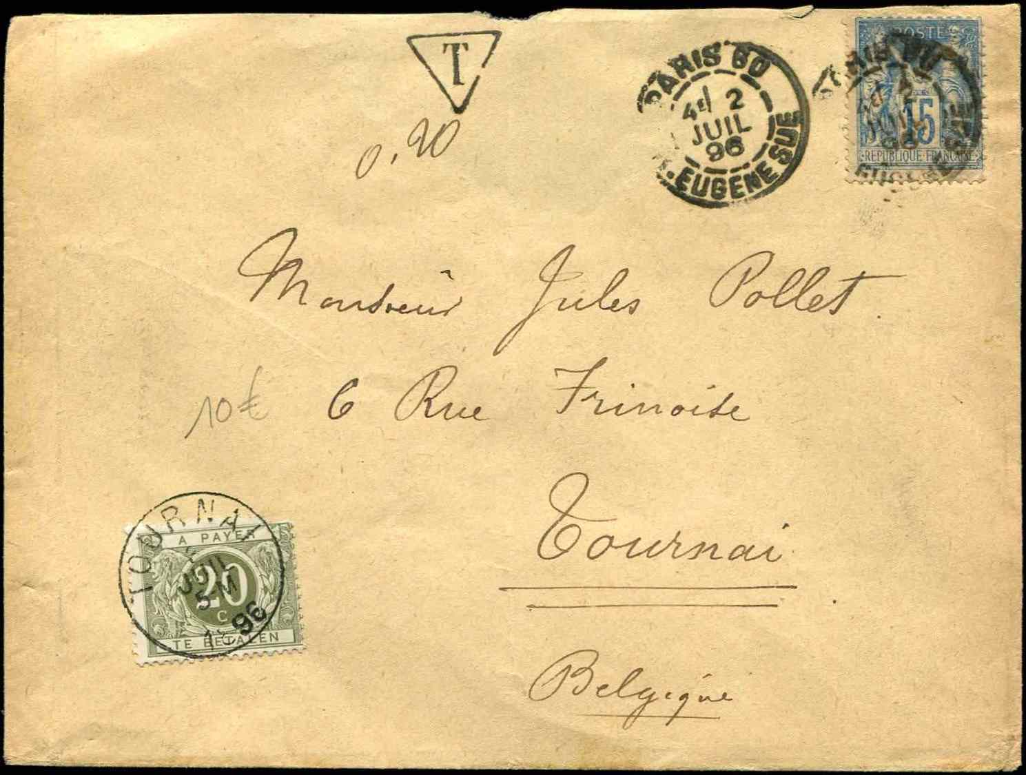 Let TYPE SAGE SUR LETTRES - Let  N°90 Obl. Càd R. Eugène Sue 2/7/96 S. Env. Insuff. Affr., Taxe 20c. Double De L'insuffi - 1877-1920: Période Semi Moderne