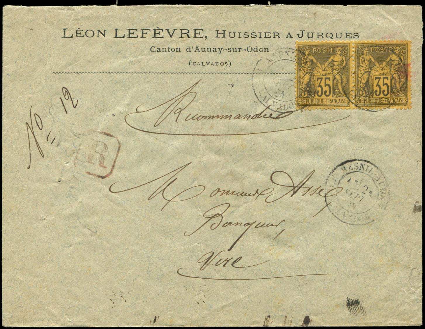 Let TYPE SAGE SUR LETTRES - Let  N°93 PAIRE Obl. LE MESNIL-AUZOUF 21/9/84 S. Env. Rec., TB - 1877-1920: Période Semi Moderne