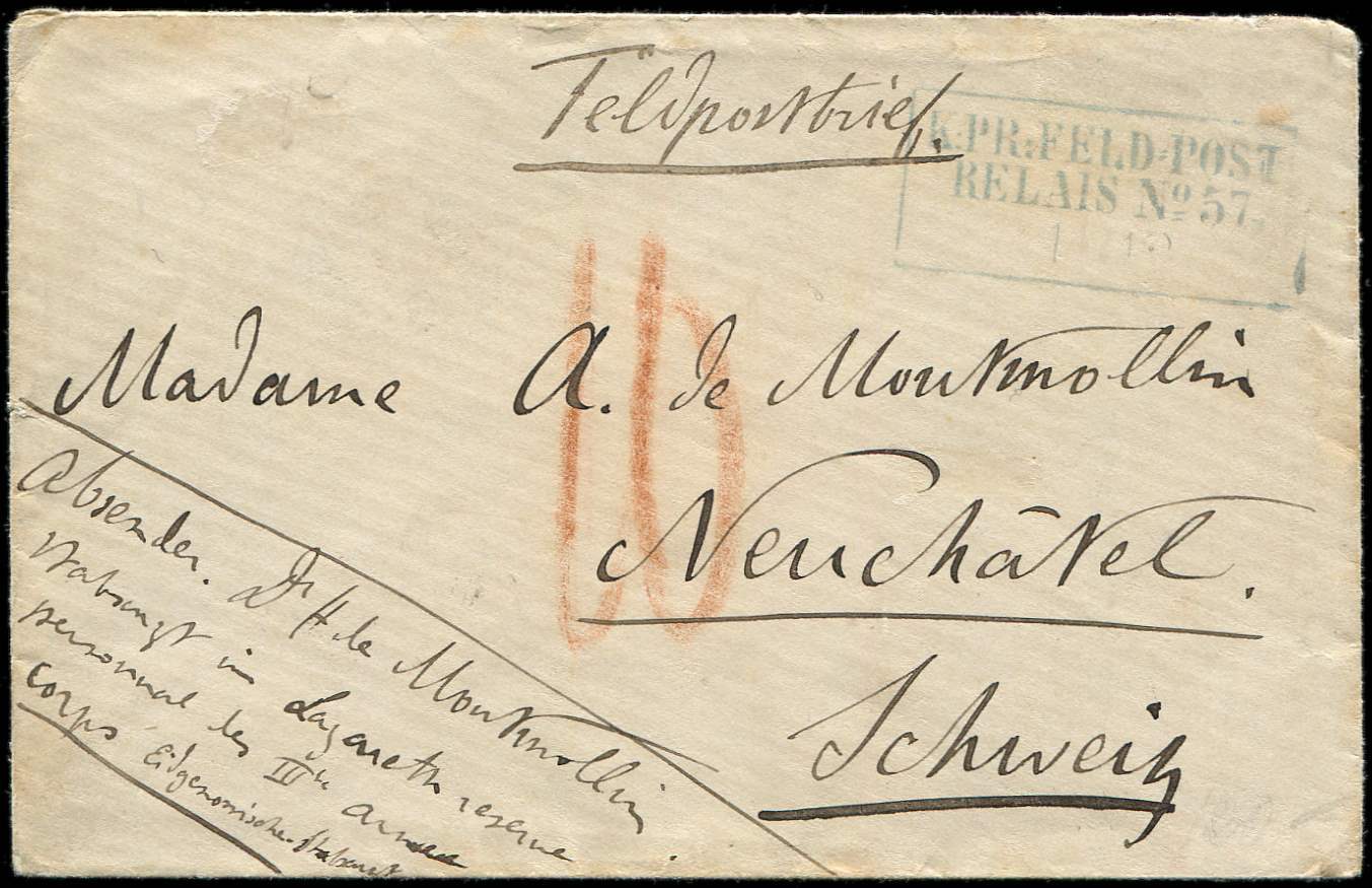 Let ALSACE-LORRAINE - Let  Cachet Bleu K:PR:FELDPOST/RELAIS N°57 14/12 S. Env., Taxe 10 Au Crayon Rouge Pour Neuchâtel,  - Lettres & Documents