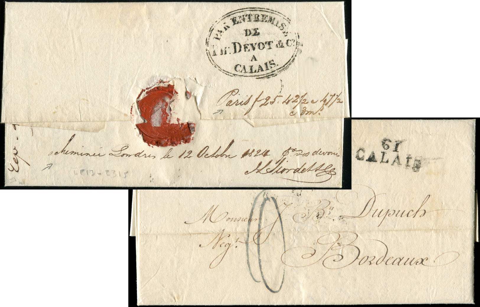 Let LETTRES SANS TIMBRE ET DOCUMENTS DIVERS - Let  Cachet D'Achemineur PAR ENTREMISE/DE/PH. DEVOT Et Cie/A CALAIS Au Ver - Autres & Non Classés