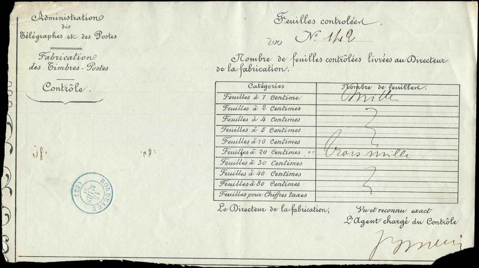 Let LETTRES SANS TIMBRE ET DOCUMENTS DIVERS - Let  Càd Bleu T15 BORDEAUX 13/3/71 Sur Document De Contrôle De La Fabricat - Autres & Non Classés