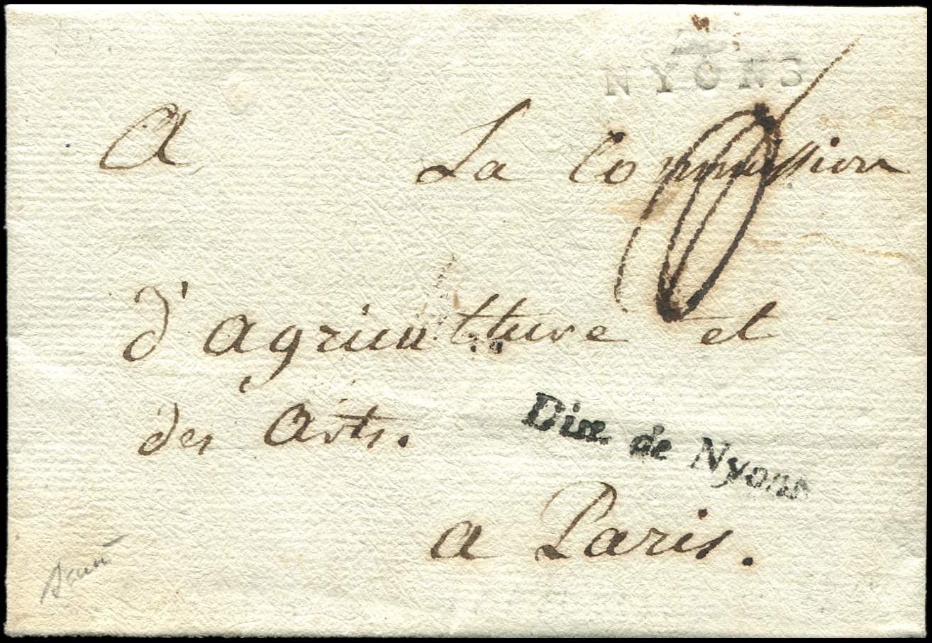 Let OBLITERATIONS PAR DEPARTEMENTS - Let  25/DROME MP 25/NYONS Et Cursive Dist. De Nyons Sur LAC De L'An III, TB, RR - 1849-1876: Période Classique