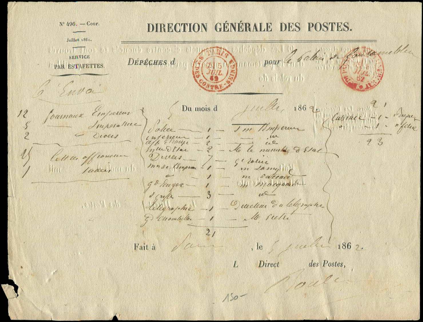 Let LETTRES DE PARIS - Let  Càd Rouge PARIS/Son DES CONTRE-SEINGS 5/7/62 Sur Formulaire N°496 De La Direction Générale D - 1849-1876: Période Classique