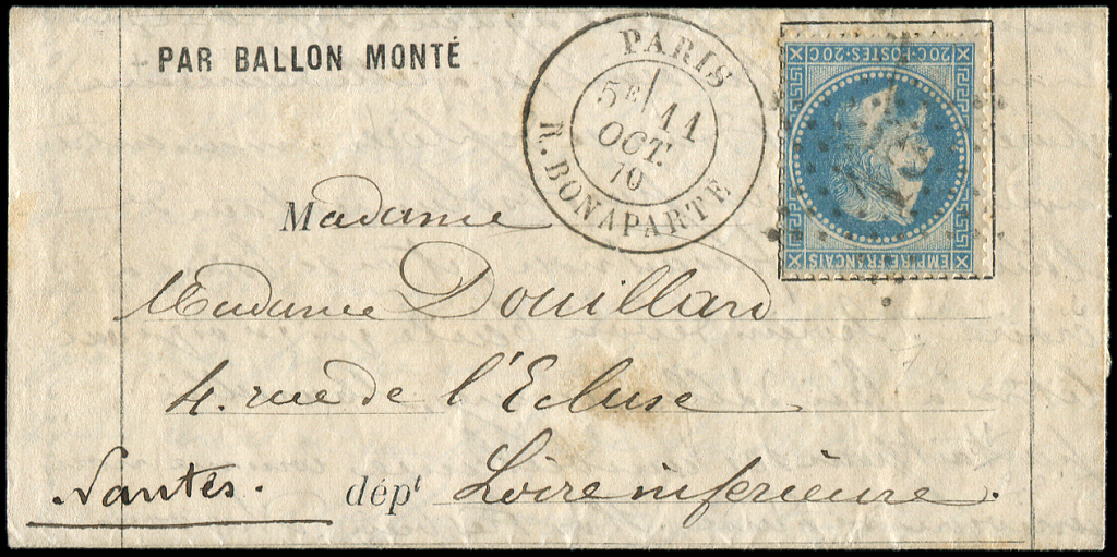 Let BALLONS MONTES - Let  N°29B Obl. Etoile 15 S. LAC Formule, Càd R. Bonaparte 11/10/70, Arr. NANTES 15/10, TTB. LE LOU - Guerre De 1870