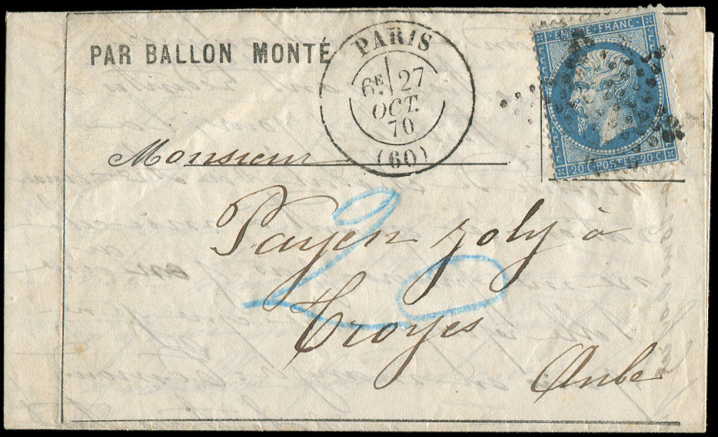 Let BALLONS MONTES - Let  N°22 Obl. Etoile S. LAC Formule, Càd Paris 27/10/70, Taxe Allemande 20 En Bleu Pour TROYES Zon - Guerre De 1870
