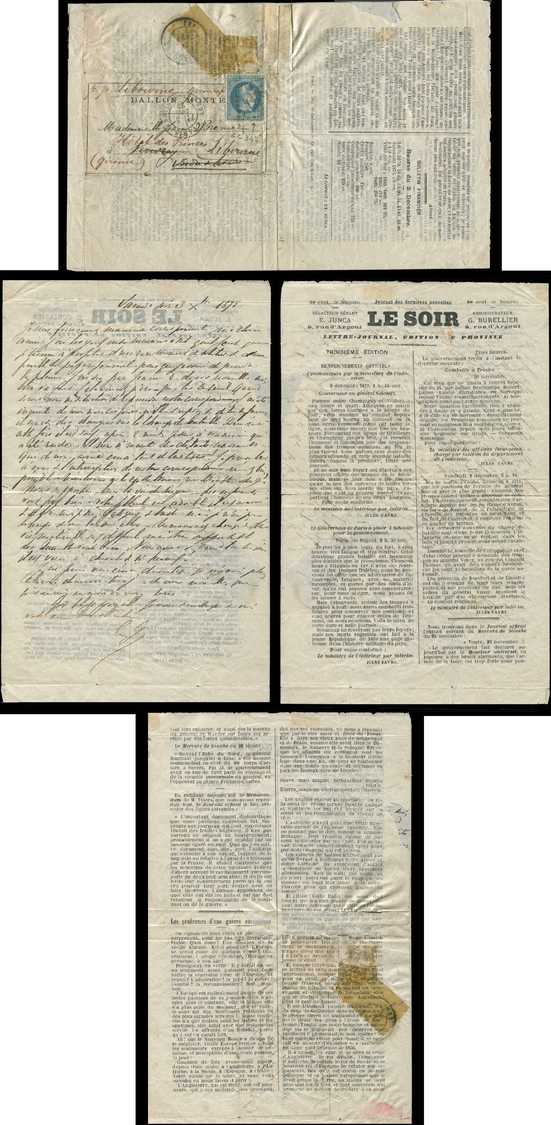 Let BALLONS MONTES - Let  N°29 Obl. GC 347 S. Journal LE SOIR 3e EDITION, Càd Les Batignolles 36/12/70, Pour VOUVRAY Pui - Guerre De 1870