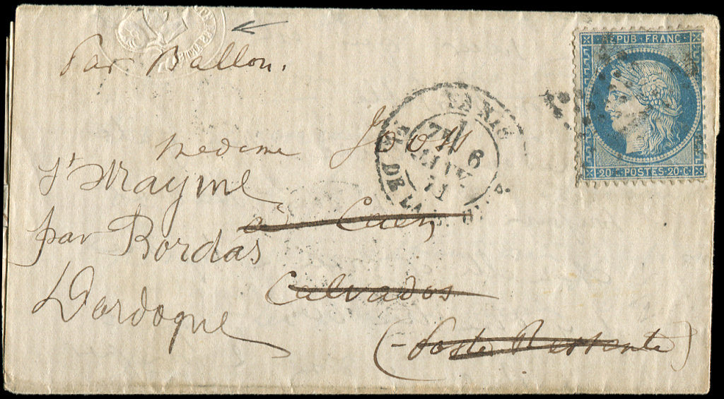 Let BALLONS MONTES - Let  N°37 Obl. Etoile 1 S. LAC, Càd Pl. De La Bourse 6/1/71, Arr. CAEN Et Réexp. En Dordogne, TB. L - Guerre De 1870
