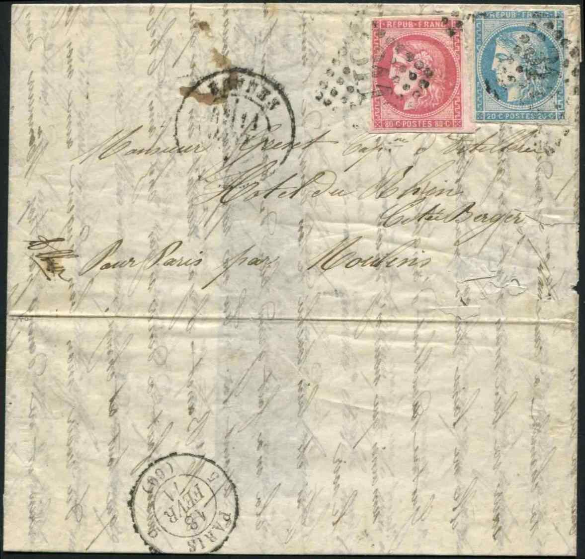 Let Boules De Moulins - Let   N°45 Et 49 Obl. GC 3112 S. LAC, Càd T17 RENNES 11/1/71, Arr. PARIS 18/2, LETTRE De COSNES, - Guerre De 1870