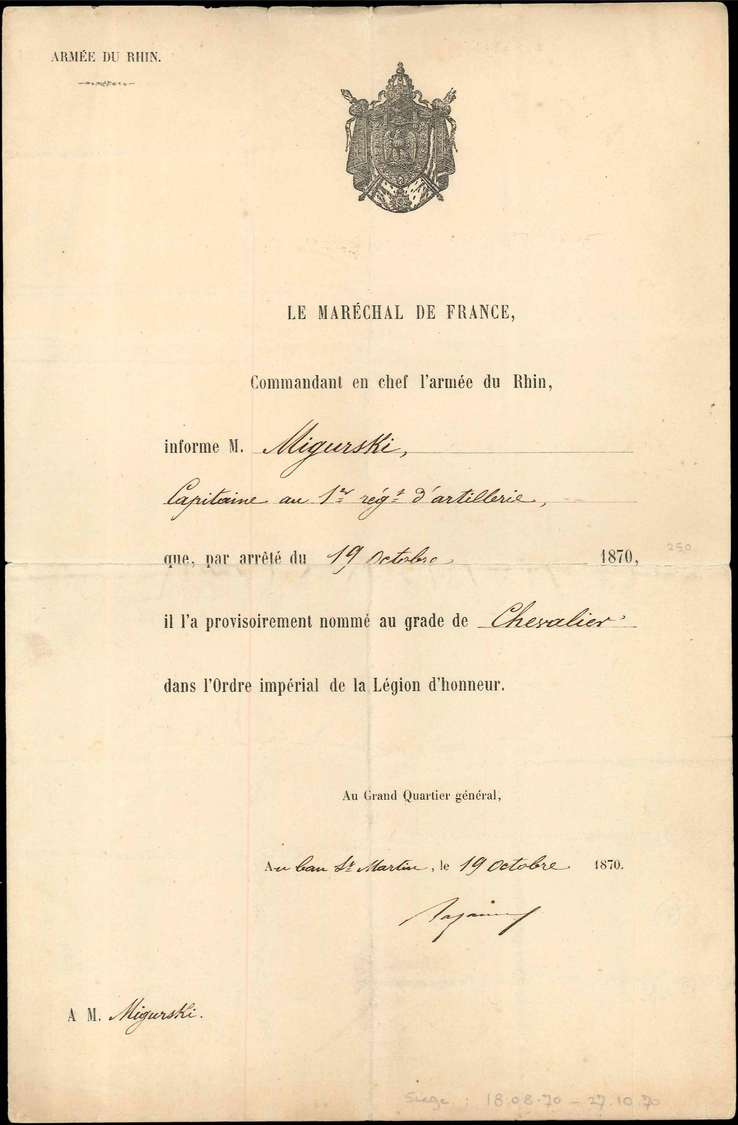 Let Guerre De 1870 - Let   Document Imprimé De L'Armée Du Rhin Du 19/10/70 Signé Bazaine, R, TB - Guerre De 1870