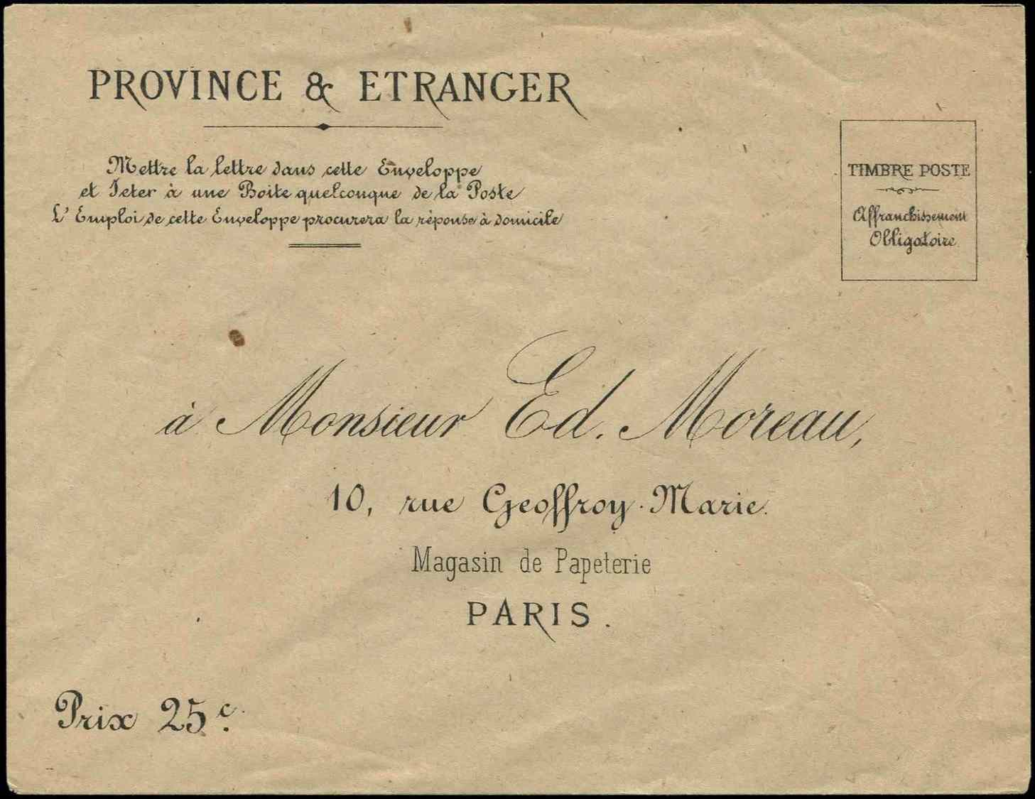 Let Commune De Paris - Let   Env. Neuve D'achemineur à 25c., Monsieur Ed. Moreau 10 Rue Geoffroy Marie, RR, TB - Guerre De 1870