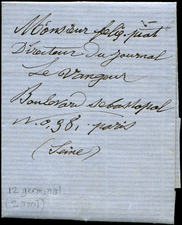 Let Commune De Paris - Let   LAC Avec Bon Texte Datée 12 Germinal An 72, Pour Le Directeur Du Journal Le Vangeur, TB - Guerre De 1870