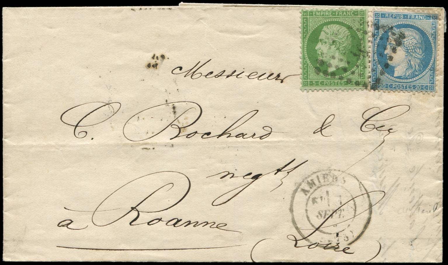 Let AFFRANCHISSEMENTS DE SEPTEMBRE 1871 - Let  N°20 + 37 Obl. GC S. LAC, Càd T17 AMIENS 1/9/(71), TB - 1849-1876: Période Classique