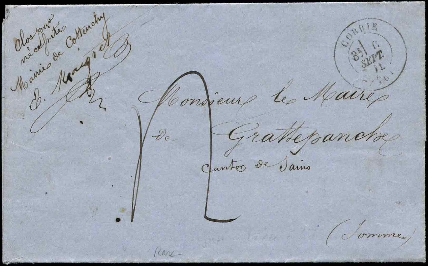 Let AFFRANCHISSEMENTS DE SEPTEMBRE 1871 - Let  Càd T17 CORBIE 6/9/71 Sur LAC, Taxe 4, TB - 1849-1876: Période Classique