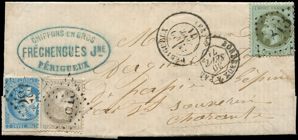 Let AFFRANCHISSEMENTS DE SEPTEMBRE 1871 - Let  N°25 + 27 + 46B Obl. GC 2813 S. LAC, Càd T17 PERIGUEUX 30/9/71, TB - 1849-1876: Période Classique