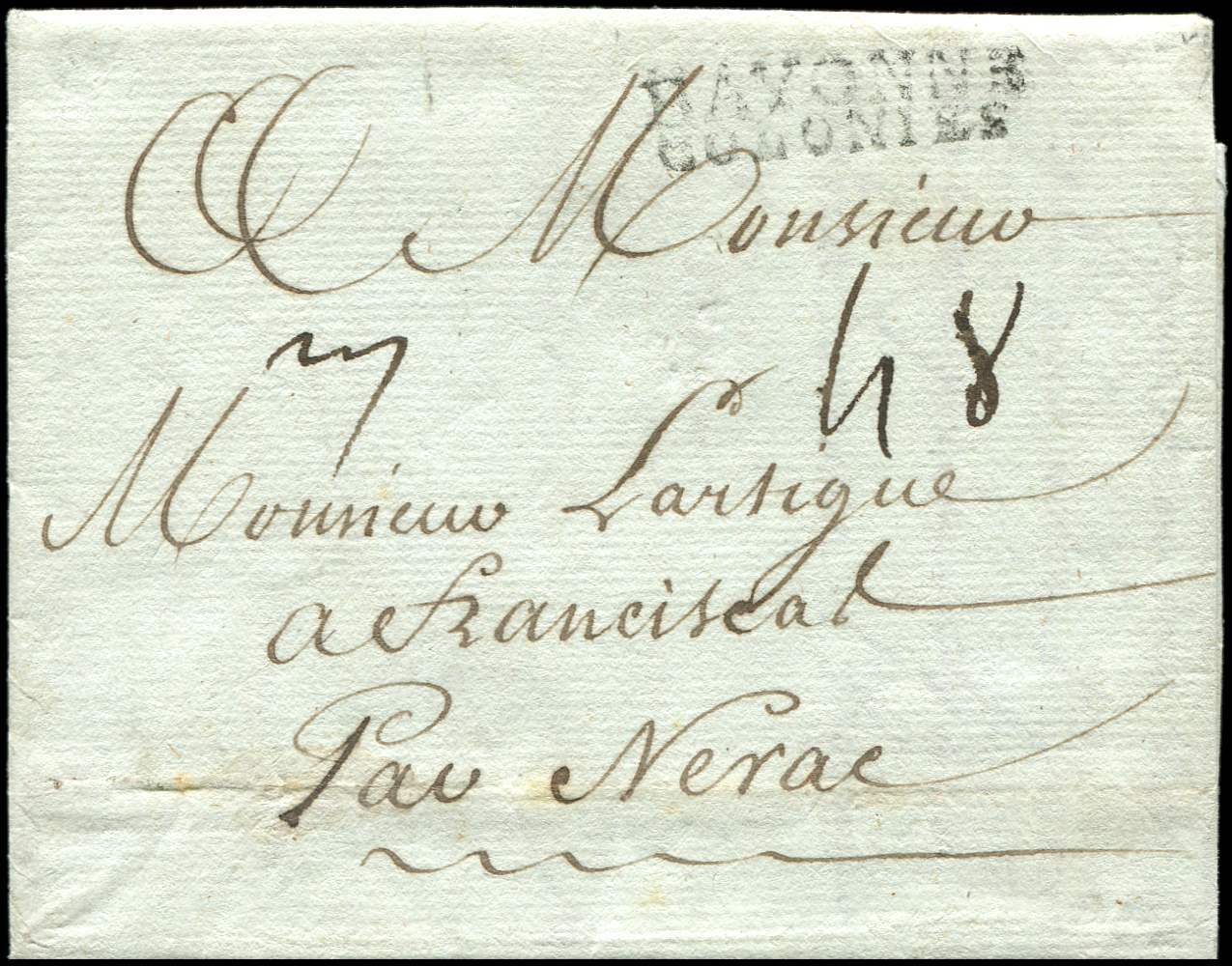 Let POSTE MARITIME - Let  MP BAYONNE/COLONIES S. LAC De La Martinique 1783, TB - Poste Maritime