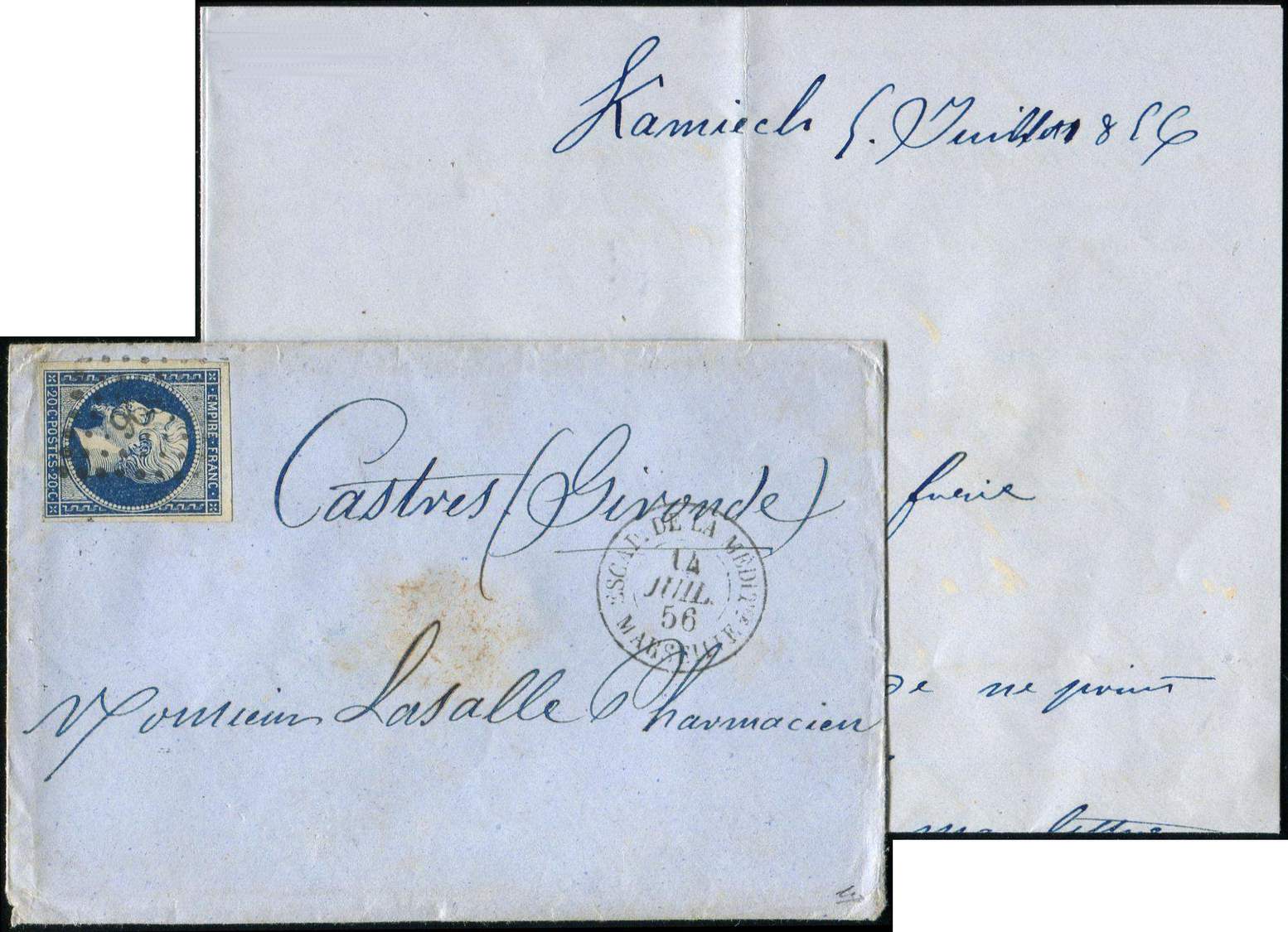 Let POSTE MARITIME - Let  N°14Aa Obl. PC 1896 S. Env. Avec Correspondance De Kamiech, Càd ESCAD. DE LA MEDITre 14/7/56,  - Poste Maritime