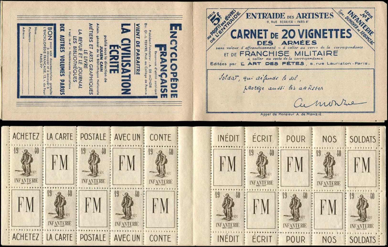 FRANCHISE MILITAIRE -  10A  Infanterie, FM Brun, Carnet De 10 Diptyques, Bloc Non Collé, TB - Timbres De Franchise Militaire