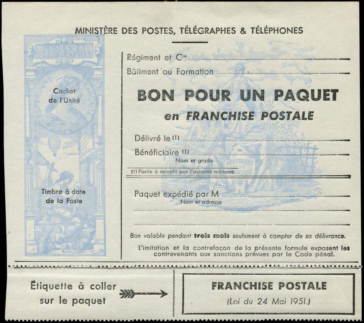 ** FRANCHISE MILITAIRE - **   14A  Franchise Postale, Loi Du 24 Mai 1951, Texte Sur 3 Lignes, TB - Timbres De Franchise Militaire