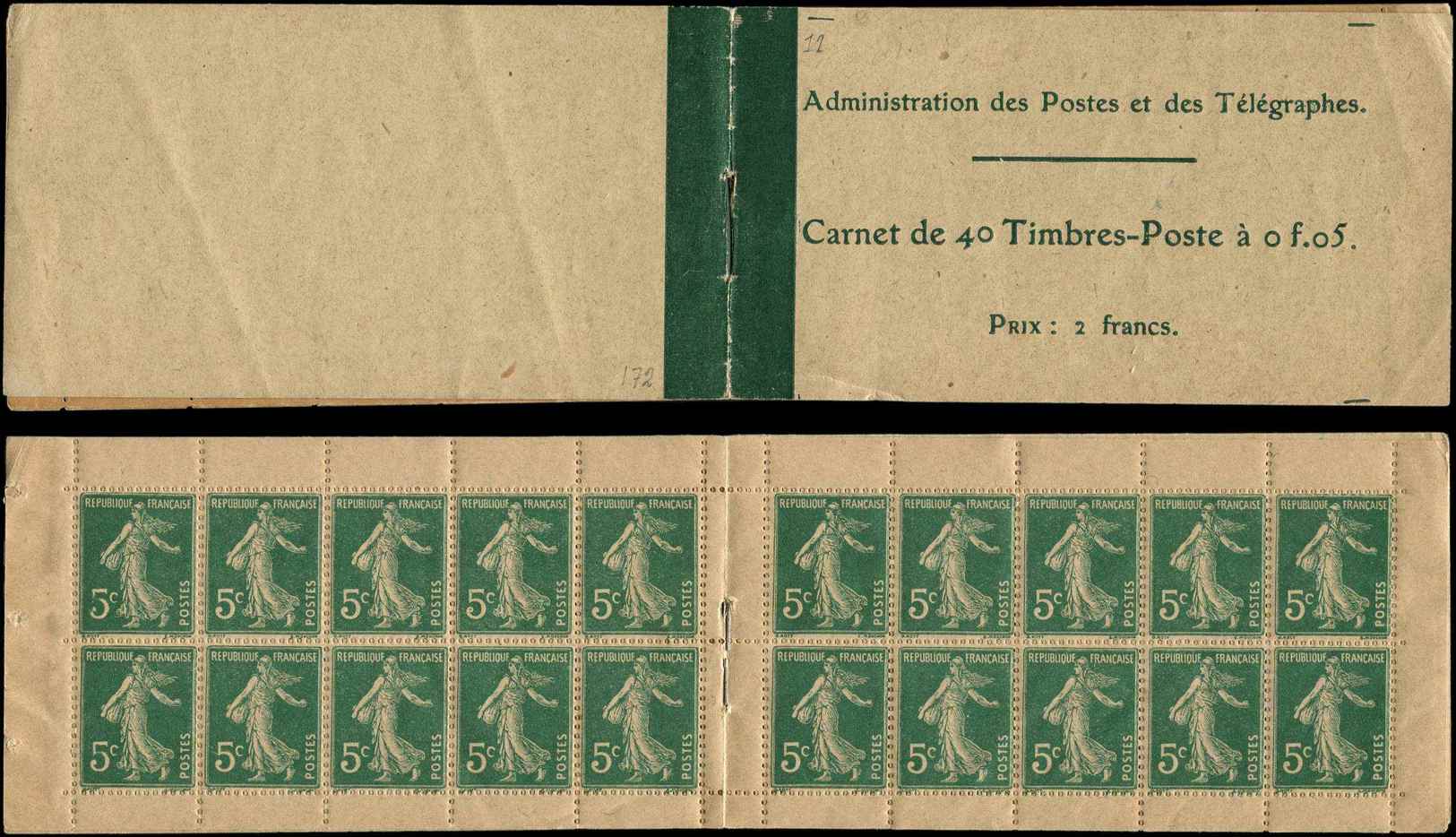 CARNETS (N°Cérès Jusqu'en1964) -  11   Semeuse Camée,  5c. Vert, N°137A, T II, Carnet De 20, Papier GC Chamois, Couv. Pa - Autres & Non Classés