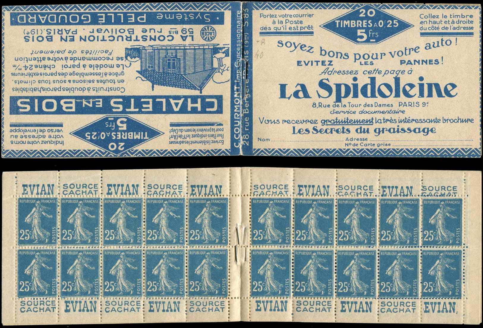 CARNETS (N°Cérès Jusqu'en1964) -  40   Semeuse Camée, 25c. Bleu, N°140B, T II, S. 83 A, SPIDOLEINE, Froissure De Gomme S - Autres & Non Classés