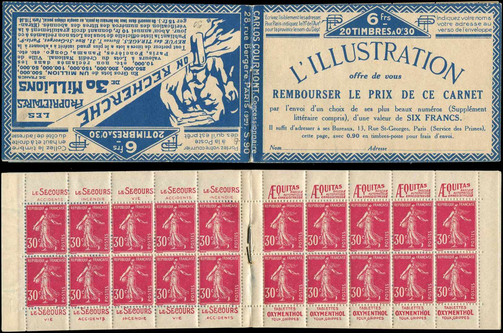 CARNETS (N°Cérès Jusqu'en1964) -  50   Semeuse Camée, 30c. Rose, N°191B, T IIB, S. 90 B, ON RECHERCHE/L'ILLUSTRATION, TT - Autres & Non Classés