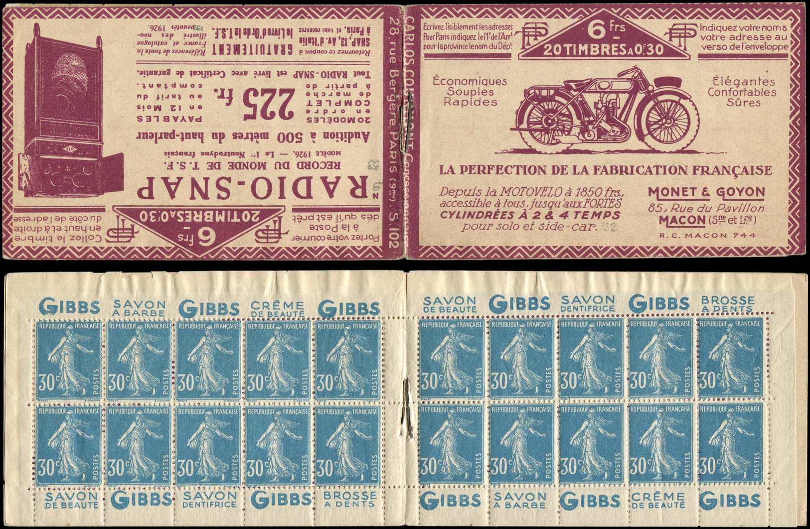 CARNETS (N°Cérès Jusqu'en1964) -  53   Semeuse Camée, 30c. Bleu, N°192A, T IIB, S. 102 N-B, RADIO SNAP, Haut De Feuille, - Autres & Non Classés